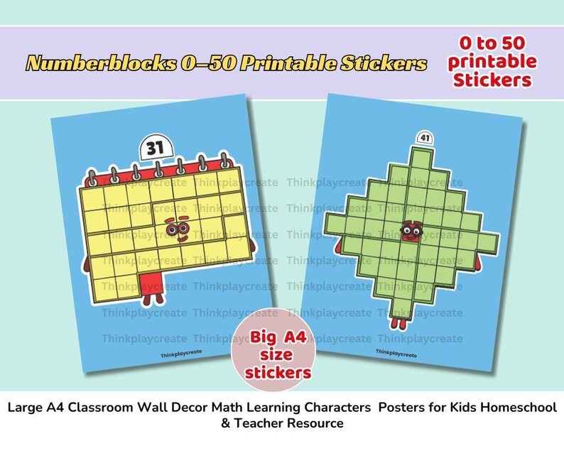 Numberblocks 0–50 Printable Stickers Large A4 Classroom Wall Decor Math ...