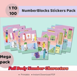 May include: A pack of NumberBlocks stickers featuring full-body number characters from 1 to 100. The stickers are colorful and designed for educational purposes. The pack is labeled as a "Mega pack" and is a printable, instant download PDF.