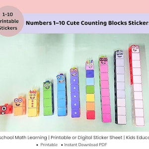 May include: Colorful counting block stickers, numbered 1-10, arranged in ascending order. Each block features a unique face and color, designed for preschool math learning. The image includes the text "Numbers 1-10 Cute Counting Blocks Stickers."