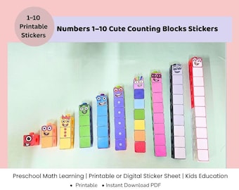 Numbers 1–10 Cute Counting number Blocks Stickers | Preschool Math Learning | Printable or Digital Sticker Sheet | Kids Education