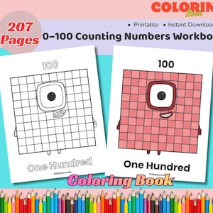 May include: Two open workbooks with the number 100 and the words "One Hundred" are displayed. The workbooks are part of a "0-100 Counting Numbers Workbook" with 207 pages. The image also includes the words "Coloring Book" and a row of colored pencils.