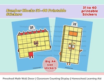 Number Blocks 31–40 Full Body Stickers |Large A4 Printable Math Characters |Preschool Kindergarten Counting Decor |Cube Style Number Posters