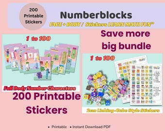 Number Blocks 1–100 Printable Stickers Bundle | 200 Stickers | Face & Body A4 Sheets  Math Counting Activity Classroom Learning PDF for Kids