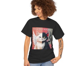 May include: A black t-shirt featuring a graphic of a cat with angel wings on one side and devil horns on the other. The text "MY CAT'S MOODS" is above the cat.