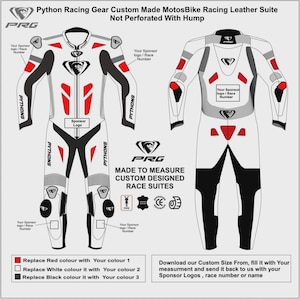 Peut inclure: Une combinaison de course de moto personnalisée blanche, rouge et noire, présentée de face et de dos. Elle arbore le logo PRG, des emplacements pour logos de sponsors et numéros de course, ainsi que des icônes pour fermetures YKK et cuir.