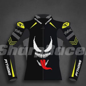 May include: Black motorcycle jacket with a Venom graphic. The jacket features white teeth, a red tongue, and the word "Venom". The sleeves have yellow and gray accents, with the word "Pythons" on the sleeves.