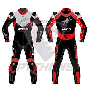 May include: A black and red motorcycle racing suit featuring the text "AGUSTA CORSE" and "PYTHONS". The suit has a grey upper chest and shoulder area, with red accents and knee pads. The suit has the "MV" logo.