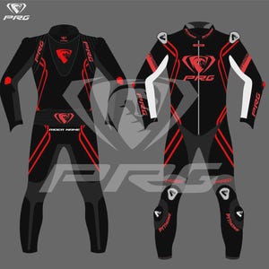 以下が含まれることがあります： 黒と赤のオートバイレーススーツ。胸と背中には「PRG」の文字とロゴが入っています。袖と膝には白いアクセントがあり、膝パッドには「PYTHON」の文字が入っています。スピードと保護のために設計されています。