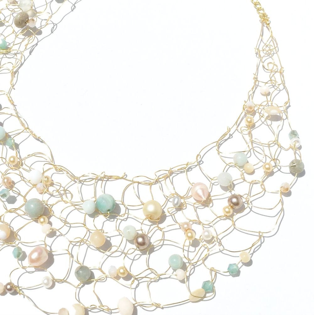 Beaded Bib Necklace Amazonite Jewelry Gemstone Necklace Pearl Etsy