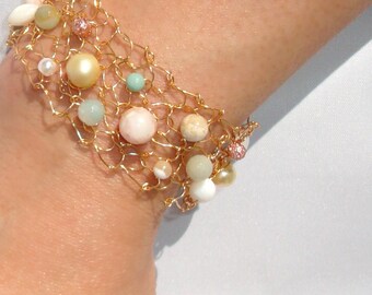 amazonite bracelet beaded bracelets gemstone bracelet gold cuff bracelet pastel handmade gift jewelry Spring jewelry Easter jewelry for her