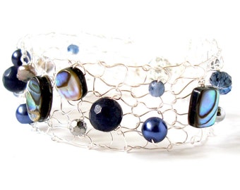 blue abalone bracelet delicate bracelet skinny cuff bracelet shell bracelet deep blue beaded bracelets handmade jewelry gift for her