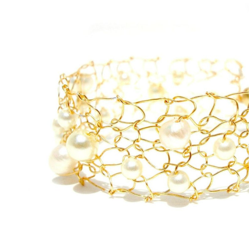 Modern Pearl Bracelet, Delicate Bracelet, Bracelets for Women, Handmade Pearl Jewelry, Unique Wedding Jewelry, Gold Bridal Bracelet image 1