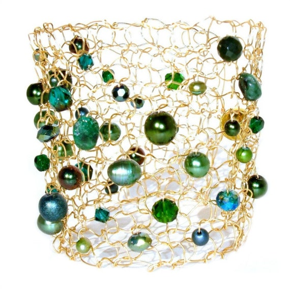 Emerald Green Pearl Cuff Bracelet Gold Cuff Bracelet Statement Etsy