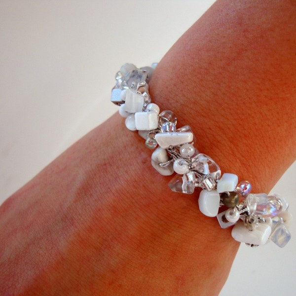 White Beaded Bracelet, Moonstone Bangle, Spring fashion, Bridal Bangle, Luminious White Silver, Unique lapisbeach knit jewelry