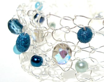 Handmade Teal Crystal Bracelet: Beaded Pearl Cuff Jewelry