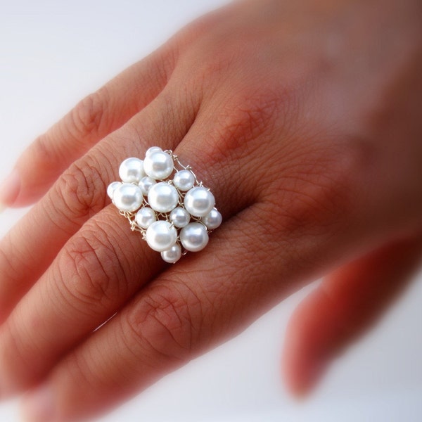 Pearl Ring White Pearl Ring Cocktail Ring Swarovski Pearl Cluster Wide Band Ring June Birthstone Birthday Gift for Her