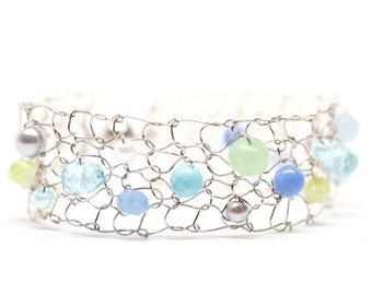 Handmade Titanium Beaded Bracelet: Aqua, Lime, and Green Cuff