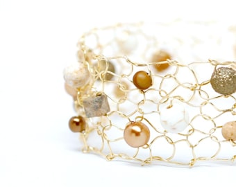 Dainty Gold Thin Cuff Bracelet Gemstone Bracelets Arm Cuff Summer White Turquoise Jasper Beaded Wire Mesh Handmade Jewelry Gift For Her