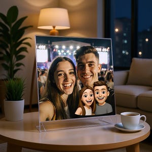 May include: A clear acrylic photo frame displaying a smiling couple and a cartoon couple. The frame sits on a light brown table next to a white teacup and saucer. The background shows a concert scene.