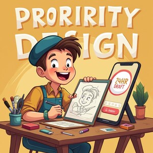 May include: A cartoon illustration shows a boy sketching on a drawing pad. The image includes the text "PRORIRITY DESIGN" and a smartphone with a "24HR DRAFT" icon. Art supplies and a small plant are on the desk.