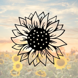May include: A black and white line drawing of a sunflower with a detailed center and petals. The sunflower is set against a blurred background of a field of sunflowers.