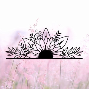May include: Black and white silhouette of a sunflower with leaves and smaller flowers. The sunflower is half-circle shaped and the center is filled in black. The image is set against a blurred background of pink and white.