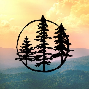 May include: Silhouette of three pine trees inside a circle against a sunset sky with mountains in the background.