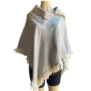 Handmade Light Gray Wool Poncho: Mexican Boho Fringe Wrap