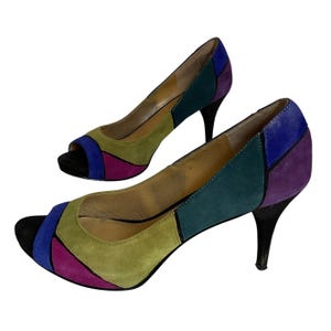Vintage Nine West Retro Y2K  Peep Toe Heels Multicolor Suede Patchwork 7.5M