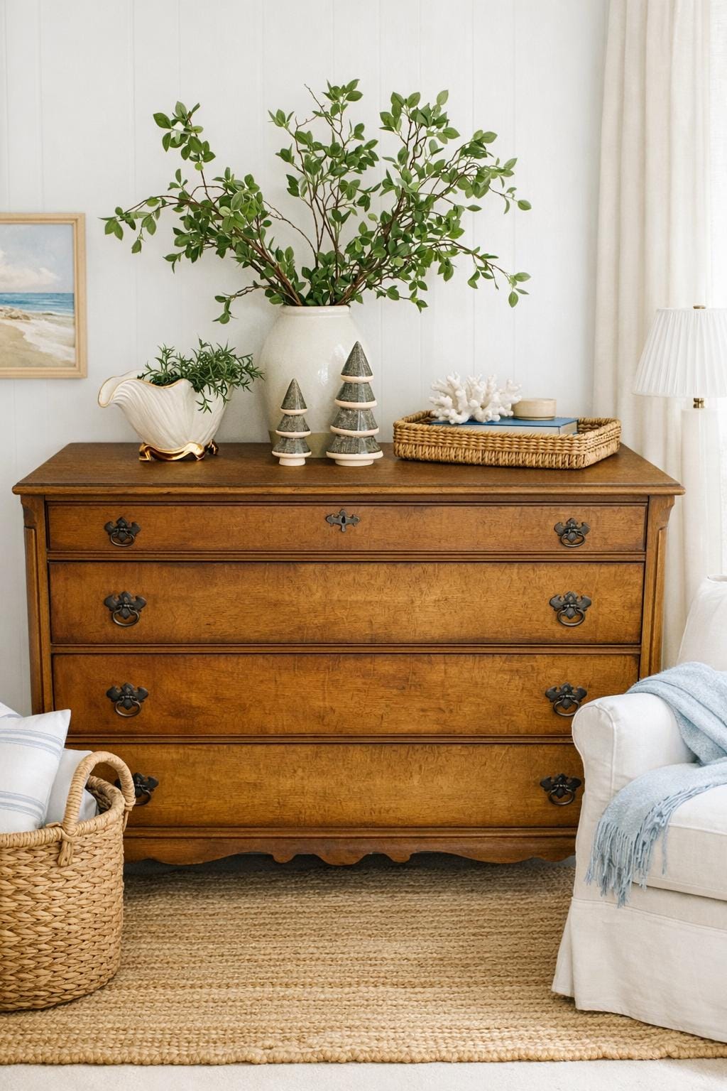 Vintage solid wood dresser in a warmly lit bedroom setting