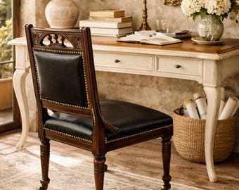 Antique English Leather Library Chair with Wooden Casters | Carved Mahogany Desk or Reading Chair