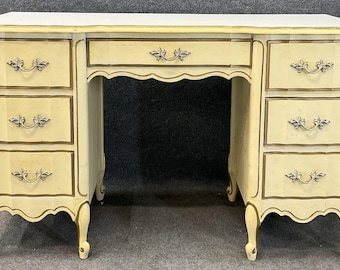 Vintage French Provincial Desk, Cream Finish, Seven Drawers