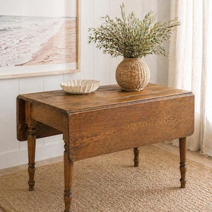 Antique Oak Drop-Leaf Table, Primitive Farmhouse Console Table, Small Kitchen Table, 19th-century Wooden Side Table, Turned Leg Table