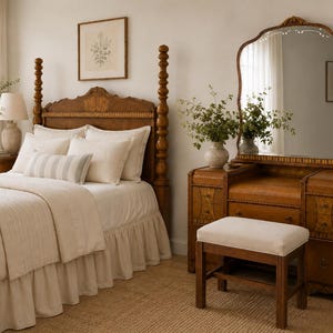May include: A bedroom set featuring a four-poster bed with a light-colored comforter and pillows, a wooden dresser with a large mirror, and a small upholstered bench. The room has a neutral color palette with natural light.
