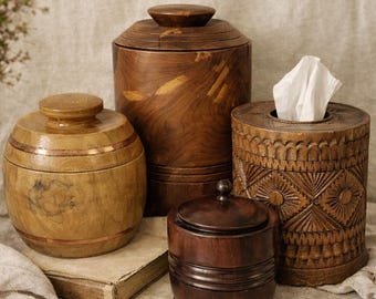 Vintage Wood Canister Set: Thai Tissue Box & Artisan Lidded Jars