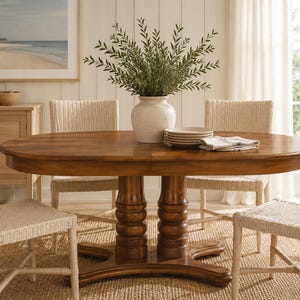 May include: An oval wooden dining table with a rich brown finish and a double pedestal base, surrounded by four light-colored woven chairs. A white ceramic vase filled with green leafy branches sits in the center of the table surface.