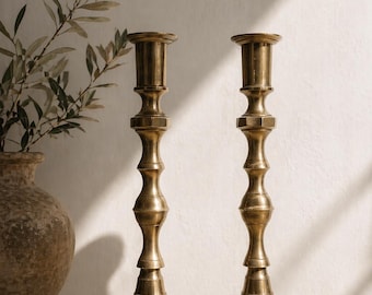 Vintage Pair of Solid Brass Candlesticks | 11.25" Tall Heavy Brass Taper Holders | Traditional Brass Mantle Decor