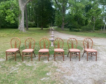 Set of 6 Vintage Rattan Wheatback Dining Chairs - Mid Century Coastal Bamboo Dining Set - Palm Beach Regency Boho Kitchen Chairs