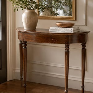 May include: A dark brown, semi-circular console table with four fluted legs. A beige vase with greenery sits on the table, along with a wooden bowl and two books. A gold-framed mirror reflects the scene.