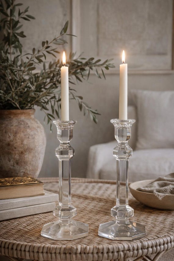Val St Lambert Crystal Candlesticks Pair, Belgian Art Deco Faceted Glass Candle Holders