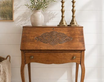 Antique 19th Century French Secretary Desk | Hand-Carved Shell Motif Writing Bureau | French Provincial Style Walnut Desk