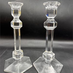 Val St Lambert Crystal Candlesticks Pair, Belgian Art Deco Faceted Glass Candle Holders image 2