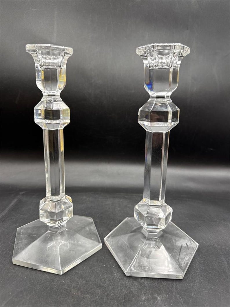 Val St Lambert Crystal Candlesticks Pair, Belgian Art Deco Faceted Glass Candle Holders image 2