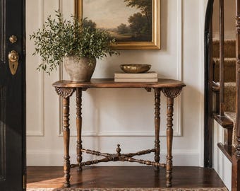 Antique Victorian Turned Leg Entry Table, William & Mary Style, 19th Century Parlor Table with X Stretcher, Carved Wood Accent Table