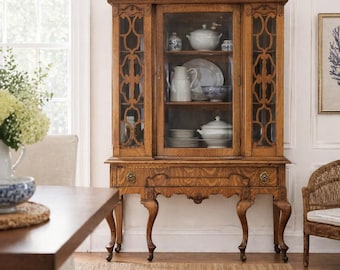 Antique Tiger Oak Bow Front China Cabinet | Victorian Curio Display Cabinet | Carved Oak Display Hutch | Antique Oak China Cabinet