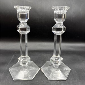 Val St Lambert Crystal Candlesticks Pair, Belgian Art Deco Faceted Glass Candle Holders image 3