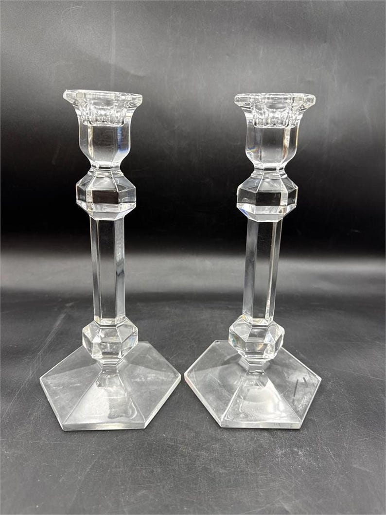 Val St Lambert Crystal Candlesticks Pair, Belgian Art Deco Faceted Glass Candle Holders image 3