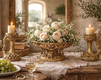 Antique Gilt Syroco Mantle Set – Rococo Bowl & Candle Holders