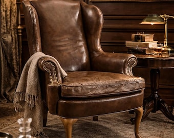 Vintage Leather Wingback Chair | Brown Leather Accent Chair | English Style Club Chair | Nailhead Trim Armchair | Traditional Library Chair