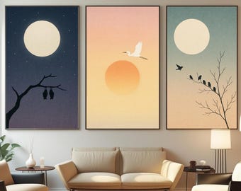 Set of 3 Japanese Wall Art Prints, Japandi Minimalist Decor, Egret Sun and Bat Moon Printable Gallery Wall, Digital Download